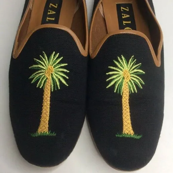 Zalo Smoking Loafer Green Embroidered Palm Trees - Picture 8 of 9